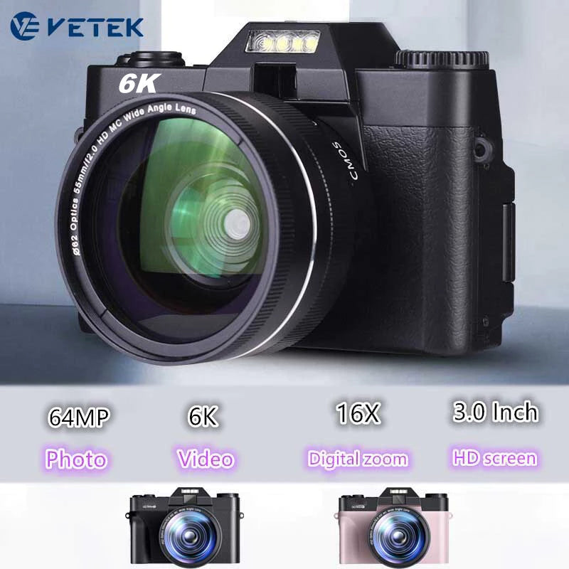 VETEK3 PRO 6K Digital Camera For Photography & Vlogging, 64MP Auto Focus Webcam for Live Streaming