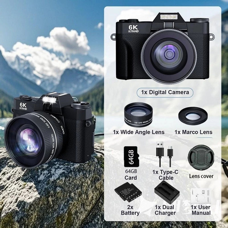 VETEK3 PRO 6K Digital Camera For Photography & Vlogging, 64MP Auto Focus Webcam for Live Streaming